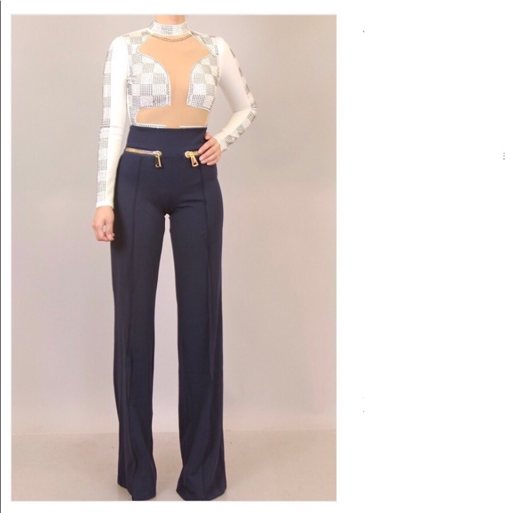 Navy High Waist Zipper Pants​